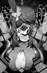 Rule 34 | 1girl, 4boys, abehamuhamu3260, arms behind head, arms up, ball gag, bar censor, blindfold, bound, bound arms, breasts, censored, chain, cleavage, creatures (company), erection, gag, game freak, greyscale, highres, jacket, large breasts, monochrome, multiple boys, nintendo, one side up, partially unzipped, penis, pokemon, pokemon bw, restrained, saliva, skyla (pokemon), surrounded by penises, wiffle gag