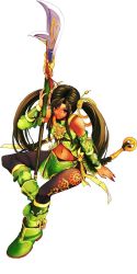 Rule 34 | 1girl, akahoshi kenji, boots, brown hair, highres, jpeg artifacts, kan ginpei, long hair, midriff, polearm, sangokushi taisen, solo, spear, twintails, weapon