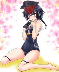 Rule 34 | 10s, 1girl, asymmetrical hair, barefoot, black hair, brown eyes, framed breasts, gloves, hair between eyes, hat, headphones, i-13 (kancolle), kantai collection, looking at viewer, partially fingerless gloves, sailor collar, school swimsuit, short hair, single glove, sitting, solo, swimsuit, tamanori (isokazelove), wariza