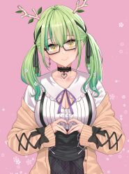 Rule 34 | 1girl, absurdres, antlers, breasts, cardigan, ceres fauna, ceres fauna (jirai kei), choker, cleavage, cleavage cutout, clothing cutout, earrings, glasses, green hair, hair ribbon, heart, heart choker, heart hands, highres, hololive, hololive english, horns, jewelry, jirai kei, large breasts, long hair, long sleeves, looking at viewer, official alternate costume, ranox, ribbon, sleeves past wrists, smile, solo, twintails, upper body, virtual youtuber, yellow eyes