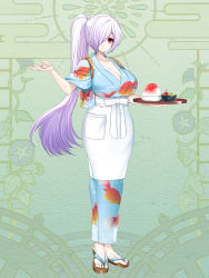 Rule 34 | 1girl, animal print, apron, breasts, cherry, cleavage, dairoku ryouhei, fish print, food, fruit, green background, hair over one eye, hand up, highres, holding, holding tray, japanese clothes, kimono, large breasts, long hair, looking at viewer, luna shuteru, purple hair, sandals, shaved ice, tray, yodukir, zouri