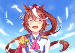 Rule 34 | 1girl, absurdres, animal ears, breasts, brown hair, closed eyes, coat, crying, epaulettes, falling feathers, feathers, hair ribbon, highres, horse ears, horse girl, kensei (ciid), long hair, multicolored hair, open mouth, ponytail, ribbon, single epaulette, small breasts, solo, tearing up, tears, tokai teio (umamusume), umamusume, uniform, upper body, white feathers