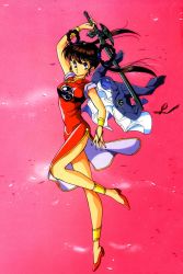Rule 34 | 1990s (style), 1girl, anklet, arm up, braid, brown hair, china dress, chinese clothes, dress, full body, highres, jewelry, long hair, mamono hunter youko, mano youko, miyao gaku, official art, parted lips, pink background, retro artstyle, sleeveless, smile, solo, sword, twintails, weapon