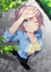 Rule 34 | 1girl, ahoge, aoba (kancolle), blue eyes, blue scrunchie, blue shirt, blue skirt, breasts, collared shirt, commentary request, dappled sunlight, dress, from above, hair ornament, hair scrunchie, hand on own forehead, kantai collection, looking up, medium breasts, messy hair, official alternate costume, one eye closed, oyu (aoba 0054), pleated dress, ponytail, purple hair, scrunchie, shirt, short hair, skirt, solo, sunlight, yellow shirt