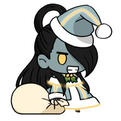 Rule 34 | 1girl, black hair, chibi, commentary, dress, elizabeth o&#039;rear, english commentary, fate/extra, fate (series), female seth (street fighter), full body, grin, hair over one eye, hat, highres, holding, holding sack, holly, long hair, meme, metal skin, neon trim, padoru (meme), sack, santa hat, seth (street fighter), smile, solo, street fighter, street fighter v, very long hair, yellow eyes