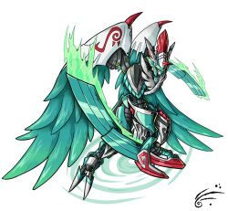 Rule 34 | armor, digimon, digimon (creature), feathers, highres, horns, looking at viewer, solo, sword, weapon, wings, zephagamon