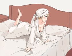 Rule 34 | 1girl, all fours, bed, bed sheet, bedroom, blonde hair, breasts, cleavage, collarbone, dabaizhao, full body, green eyes, highres, indoors, kantai collection, pillow, prinz eugen (kancolle), short hair, sketch, solo