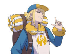 Rule 34 | 1boy, backpack, bag, baseball cap, blonde hair, brown bag, creatures (company), dizzyhungry, game freak, grey eyes, hair over one eye, hand up, hat, highres, index finger raised, long sleeves, male focus, nintendo, parted lips, pokemon, pokemon legends: arceus, short hair, simple background, smile, solo, upper body, volo (pokemon), white background