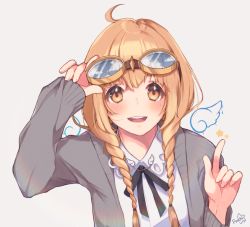 Rule 34 | 1girl, ahoge, blush, braid, brown eyes, cardigan, goggles, goggles on head, light brown hair, long hair, looking at viewer, mole, mole under eye, open mouth, original, peachy michi, signature, solo, twin braids, upper body, white background