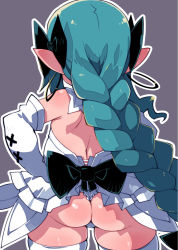 Rule 34 | 1girl, ass, black bow, blue hair, bow, braid, braided ponytail, earrings, elbow gloves, facing away, from behind, gloves, grey background, hair bow, hand on own hip, highres, hoop earrings, jewelry, long hair, original, outline, panties, pointy ears, seri (zankuro), simple background, single braid, solo, standing, thighhighs, underwear, very long hair, white gloves, white outline, white panties, white thighhighs, zankuro