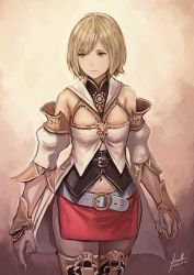 Rule 34 | 00s, 1girl, anbe yoshirou, ashelia b&#039;nargin dalmasca, belt, blonde hair, breasts, cleavage, detached sleeves, final fantasy, final fantasy xii, highres, looking to the side, midriff, navel, short hair, skirt, solo, thighhighs