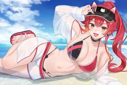 Rule 34 | 1girl, beach, bikini, black bikini, black nails, blue sky, blush, breasts, cat ear bikini, cleavage, cloud, collar, commentary request, day, feet, fish bone print, foot out of frame, hair between eyes, hand on headwear, hat, hat with ears, highres, jacket, jewelry, large breasts, long hair, looking at viewer, lying, multicolored bikini, multicolored clothes, multicolored hair, nail polish, navel, nekota tsuna, nekota tsuna (summer c102), ocean, on side, orange eyes, orange hair, outdoors, partially submerged, pink bikini, red hair, sandals, see-through, see-through jacket, shorts, sky, smile, solo, spiked ear piercing, streaked hair, swimsuit, toenail polish, toenails, toes, tojo aoi, virtual youtuber, vspo!, wet, yellow eyes