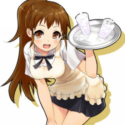 Rule 34 | 1girl, brown eyes, brown hair, drink, long hair, nathaniel pennel, open mouth, pennel, ponytail, revision, ribbon, skirt, smile, solo, taneshima popura, tray, waitress, working!!