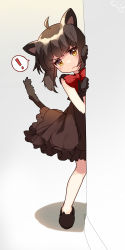 Rule 34 | !, &gt;:|, 1girl, :|, ahoge, animal ears, around corner, bison cangshu, bow, bowtie, brown dress, brown gloves, brown hair, character request, closed mouth, dress, frilled dress, frills, gloves, head tilt, looking at viewer, peeking out, red bow, red bowtie, shoes, short dress, short hair, sleeveless, sleeveless dress, solo, speech bubble, spoken exclamation mark, tail, v-shaped eyebrows, wavy mouth, yellow eyes