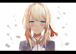 Rule 34 | 10s, 1girl, ascot, bad id, bad pixiv id, blonde hair, blue eyes, blue jacket, blush, closed mouth, hair between eyes, hair ribbon, highres, jacket, letterboxed, long hair, looking at viewer, red ribbon, ribbon, rods, solo, violet evergarden, violet evergarden (series), white ascot, white background