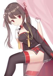 Rule 34 | 1girl, azur lane, bad id, bad twitter id, black thighhighs, blush, breasts, brown hair, collarbone, finger to mouth, gloves, hair ribbon, haruna (azur lane), highres, izumo neru, long hair, looking at viewer, medium breasts, red eyes, red ribbon, ribbon, simple background, solo, thighhighs, twintails, white background, white gloves
