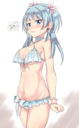 Rule 34 | 1girl, bikini, blue bikini, blue eyes, blue hair, blush, breasts, cleavage, clenched hands, clenched teeth, commentary request, earrings, female focus, flower, groin, hair flower, hair ornament, highres, hoshino ouka, jewelry, large breasts, looking at viewer, magia record: mahou shoujo madoka magica gaiden, mahou shoujo madoka magica, medium hair, minami rena, navel, ribbon, simple background, solo, striped bikini, striped clothes, sweatdrop, swimsuit, tamaki iroha, tamaki iroha (swimsuit costume), teeth