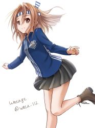 Rule 34 | 1girl, black skirt, blue shirt, boots, brown eyes, brown footwear, commentary request, cross-laced footwear, dated, employee uniform, feet out of frame, hachimaki, headband, high ponytail, highres, kantai collection, lace-up boots, lawson, leaning forward, light brown hair, long hair, looking at viewer, ponytail, shirt, simple background, skirt, smile, solo, standing, standing on one leg, striped clothes, striped shirt, twitter username, uniform, watage (wata), white background, zuihou (kancolle)