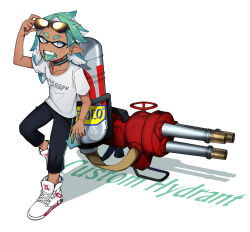 Rule 34 | 1boy, absurdres, black choker, blue hair, choker, colored inner hair, colored tongue, commentary request, dark-skinned male, dark skin, english text, eyewear on head, fangs, gradient hair, green hair, green tongue, grey eyes, highres, holding, hydra splatling (splatoon), inkling, inkling girl, inkling player character, long hair, looking at viewer, male focus, multicolored hair, nintendo, open mouth, pointy ears, shirt, shoes, short eyebrows, short sleeves, sneakers, solo, splatoon (series), standing, sunglasses, t-shirt, tongue, tongue out, white hair, white shirt, zzb azz