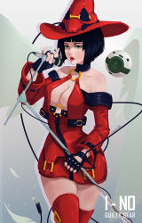 Rule 34 | 1girl, arc system works, audio jack, bare shoulders, black hair, blunt bangs, bob cut, breasts, cable, character name, cleavage, copyright name, dress, fingerless gloves, gloves, green eyes, guilty gear, guilty gear xrd, halterneck, hat, i-no, large breasts, lipstick, makeup, microphone, microphone stand, mole, o-ring, o-ring top, red dress, red hat, red lips, shadowjwu, short dress, short hair, solo, thighhighs, witch hat, zettai ryouiki