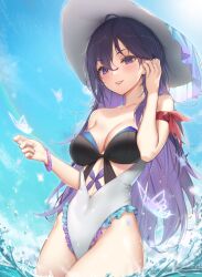 Rule 34 | 1girl, absurdres, ahoge, arm ribbon, bare shoulders, breasts, bug, butterfly, cleavage, covered navel, cowboy shot, day, frilled one-piece swimsuit, frills, grin, hand up, hat, highleg, highleg swimsuit, highres, honkai: star rail, honkai (series), insect, long hair, looking at viewer, medium breasts, one-piece swimsuit, outdoors, purple eyes, purple hair, ribbon, seele (honkai: star rail), smile, solo, standing, sun hat, swimsuit, thighs, wading, wet.elephant, white hat, white one-piece swimsuit