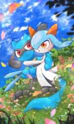 Rule 34 | absurdres, blue sky, blush, carrying, couple, creatures (company), day, flower, game freak, gen 3 pokemon, gen 4 pokemon, grass, highres, kirlia, nintendo, no humans, nullma, open mouth, outdoors, petals, pokemon, pokemon (creature), princess carry, riolu, sky, smile