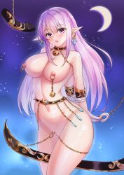 Rule 34 | 1girl, absurdres, bdsm, bell, bondage, bound, breasts, chain, cleft of venus, collar, dildo, earrings, elf, highres, jewelry, jingle bell, large breasts, looking at viewer, mai hangmu mai mian, moon, navel, night, nipple piercing, nipple rings, nipples, original, piercing, pointy ears, pony play, purple eyes, purple hair, pussy, pussy piercing, restrained, sex toy, solo, standing