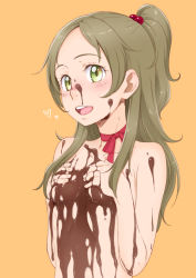 Rule 34 | 10s, 1girl, blush, breasts, chocolate, chocolate on body, chocolate on breasts, chocolate on face, choker, covering privates, covering breasts, food, food on face, green eyes, green hair, hair bobbles, hair ornament, hands on own chest, heart, highres, long hair, looking at viewer, minamino kanade, nude, open mouth, orange background, precure, red ribbon, ribbon, ribbon choker, sakura kotetsu, simple background, small breasts, solo, suite precure, upper body, valentine