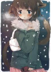 Rule 34 | 1girl, :&lt;, animal ears, bag, blue eyes, blush, brown hair, cat ears, cat tail, cellphone, closed mouth, coat, commentary request, foomi, fur collar, green coat, hand up, handbag, holding, holding phone, long sleeves, original, phone, pink skirt, pleated skirt, sitting, skirt, sleeves past wrists, snowing, solo, tail