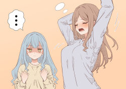 Rule 34 | ..., 2girls, bang dream!, bang dream! it&#039;s mygo!!!!!, blue hair, breast envy, breasts, brown hair, chinese commentary, closed eyes, closed mouth, commentary request, grey shirt, large breasts, long hair, long sleeves, multiple girls, nagasaki soyo, open mouth, shaded face, shirt, spoken ellipsis, tearing up, tears, togawa sakiko, upper body, yawning, yellow eyes, yellow shirt, yghm