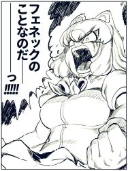 Rule 34 | 1girl, animal ears, breasts, clenched hands, commentary request, common raccoon (kemono friends), dragon ball, dragonball z, greyscale, kemono friends, large breasts, monochrome, open mouth, parody, raccoon ears, solo, spacezin, translated