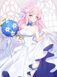 Rule 34 | 1girl, blue archive, blue flower, bouquet, breasts, closed mouth, coletta (colet colettia), collarbone, dress, flower, frills, gloves, hair bun, hair flower, hair ornament, halo, highres, holding, holding bouquet, light particles, looking at viewer, medium breasts, mika (blue archive), off-shoulder dress, off shoulder, pink hair, single side bun, skirt hold, smile, solo, wedding, wedding dress, white dress, white flower, white gloves, yellow eyes