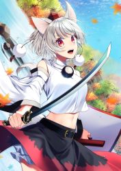 Rule 34 | 1girl, animal ear fluff, animal ears, autumn leaves, belt, bloomers, blue sky, blurry, blurry background, breasts, detached sleeves, fang, hat, highres, inubashiri momiji, kaede (mmkeyy), katana, lips, long sleeves, medium breasts, midriff, multicolored clothes, multicolored skirt, navel, open mouth, pom pom (clothes), red eyes, river, rock, scabbard, sheath, shield, short hair, silver hair, skirt, sky, solo, sword, tail, tokin hat, tongue, touhou, underwear, upper body, water drop, weapon, wide sleeves, wolf ears, wolf tail