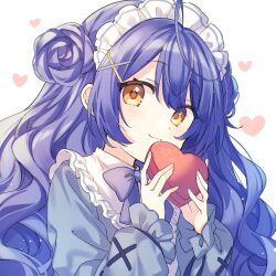 Rule 34 | 1girl, amamiya kokoro, blue bow, blue bowtie, blue hair, blue shirt, blush, bow, bowtie, box, box of chocolates, closed mouth, collared shirt, commentary, curly hair, dot nose, from side, hair between eyes, hair bun, hair ornament, hands up, heart-shaped box, highres, holding, holding box, long hair, long sleeves, looking at viewer, maid headdress, natsu (n2wrb), nijisanji, orange eyes, shirt, sidelocks, smile, solo, symbol-only commentary, upper body, valentine, virtual youtuber, x hair ornament
