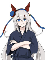 Rule 34 | 1girl, animal ears, blue eyes, blue hairband, blue headband, blue kimono, closed mouth, commentary request, crossed arms, ear covers, ear ornament, hair between eyes, hairband, headband, highres, horse ears, horse girl, japanese clothes, kimono, long hair, long sleeves, looking at viewer, miya nns35, red hairband, red headband, simple background, smile, solo, tamamo cross (umamusume), two-tone hairband, umamusume, very long hair, white background, yukata
