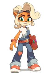 Rule 34 | 1girl, animal ears, animal nose, belt, blue overalls, body fur, bracelet, coco bandicoot, crash bandicoot (series), earrings, furry, furry female, goggles, goggles on head, green eyes, heart, highres, jewelry, looking at viewer, orange fur, overalls, pink footwear, red belt, shadow, shirt, shoes, short sleeves, simple background, solo, two-tone fur, white background, white shirt, yuta agc