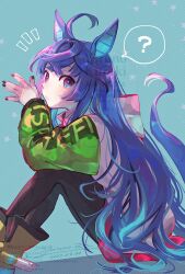 Rule 34 | 1girl, ?, ahoge, alternate hairstyle, animal ears, aqua background, arms on knees, artist name, black leggings, black nails, blue eyes, blue hair, boots, closed mouth, clothes writing, commentary request, crossed ankles, crossed bangs, dated, deviantart username, feet out of frame, from side, hair down, hands up, heterochromia, highres, hood, hoodie, horse ears, horse girl, horse tail, instagram username, knees up, leggings, long hair, long sleeves, looking at viewer, looking to the side, multicolored clothes, multicolored hoodie, nail polish, notice lines, own hands together, pixiv id, purple eyes, sidelocks, signature, sitting, solo, spoken question mark, steepled fingers, striped background, tail, tumblr username, twin turbo (umamusume), twitter username, umamusume, very long hair, watermark, web address, y kuroki, yellow footwear
