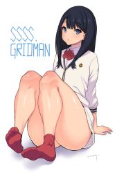 Rule 34 | 10s, 1girl, amamiya (abaros), ass, black hair, blue eyes, cardigan, commentary request, feet, flat chest, gridman universe, highres, huge ass, knees up, long hair, long sleeves, looking at viewer, no panties, pink footwear, school uniform, shiny skin, shirt, sitting, socks, soles, solo, ssss.gridman, takarada rikka, thick thighs, thighs, white background, white shirt