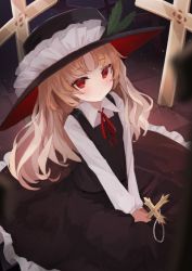 Rule 34 | 1girl, black hat, black vest, blonde hair, commission, cross, frilled hat, frills, hat, hat feather, holding, holding cross, jacket girl (dipp), jewelry, long sleeves, necklace, pearl necklace, pixiv commission, red eyes, red neckwear, shirt, solarisu, solo, touhou, vest, wavy hair, white shirt