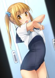 Rule 34 | 1girl, :d, blonde hair, blue one-piece swimsuit, blue sailor collar, blue scrunchie, blunt bangs, blurry, blurry background, blurry foreground, blush, brown eyes, commentary request, depth of field, dutch angle, hair ornament, hair scrunchie, highres, leaning forward, locker, locker room, long hair, looking at viewer, old school swimsuit, one-piece swimsuit, open mouth, original, sailor collar, school swimsuit, school uniform, scrunchie, serafuku, shibacha, shirt, short sleeves, sidelocks, smile, solo, swimsuit, swimsuit under clothes, twintails, undressing, white shirt