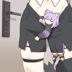 2girls :3 absurdres ahoge animal_ear_fluff animal_ears black_hoodie black_shorts black_thighhighs cat_ears cat_girl cat_tail closed_eyes cocomayo29_(tomato) commentary_request door_handle fang highres hololive hood hoodie korean_commentary long_sleeves mini_person minigirl multiple_girls navel nekomata_okayu nekomata_okayu_(1st_costume) out_of_frame photo-referenced purple_eyes purple_hair shirakami_fubuki shirakami_fubuki_(1st_costume) shorts single_thighhigh skindentation stomach tail thigh_strap thighhighs virtual_youtuber