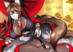 Rule 34 | amagi (azur lane), animal ears, azur lane, black kimono, blunt bangs, breasts, brown hair, coat, commentary request, fox ears, fox girl, fox tail, highres, japanese clothes, jewelry, kimono, kitsune, large breasts, long hair, lying, multiple tails, oil-paper umbrella, on side, panties, purple eyes, red coat, resolution mismatch, ring, solo, source smaller, tail, thick eyebrows, umbrella, underwear, wide sleeves, yamamoto yuusuke (hmkc3857)