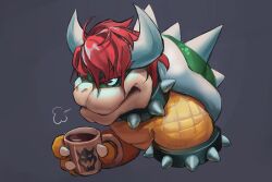 Rule 34 | 1boy, armlet, bowser, bowser logo, claws, cup, grey background, hair down, highres, holding, holding cup, horns, male focus, mario (series), messy hair, nintendo, red hair, scarvii, simple background, solo, spiked armlet, spiked shell, twitter username, upper body