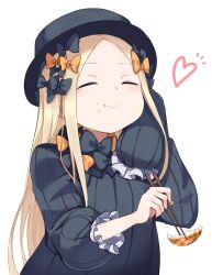 Rule 34 | 1girl, :t, abigail williams (fate), black bow, black headwear, blonde hair, bow, chopsticks, closed eyes, dumpling, eating, fate/grand order, fate (series), food, food on face, hair bow, heart, highres, holding, holding chopsticks, jiaozi, multiple hair bows, orange bow, simple background, sleeves past fingers, sleeves past wrists, sleeves rolled up, smile, solo, usuaji, white background