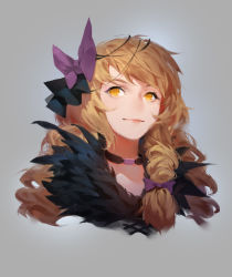 Rule 34 | 1girl, absurdres, alternate costume, blonde hair, bow, braid, closed mouth, collar, cross-laced clothes, feather trim, grey background, hair bow, hair ribbon, highres, kirisame marisa, light smile, long hair, looking at viewer, portrait, purple bow, ribbon, side braid, simple background, smile, sola7764, solo, touhou, yellow eyes