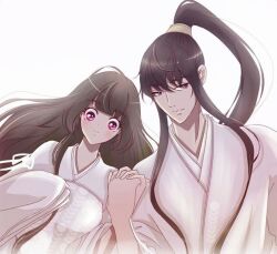 Rule 34 | 1boy, 1girl, black hair, blush, brown hair, closed mouth, coat, husband and wife, long hair, looking at viewer, pink eyes, psychic princess, purple eyes, qian yun xi, serious, simple background, tong ling fei, very long hair, white background, white coat, ye youming