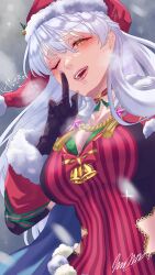 Rule 34 | 1girl, absurdres, alternate costume, artist name, black gloves, blue cape, blush, bodysuit, breasts, cape, christmas, cleavage, clothing cutout, cosplay, fire emblem, fire emblem: radiant dawn, fire emblem engage, fire emblem heroes, gloves, grey hair, hair ornament, hair ribbon, hat, highres, index finger raised, large breasts, long hair, marth-chan (micaiah mrmm), micaiah (fire emblem), multicolored cape, multicolored clothes, nintendo, one eye closed, red bodysuit, ribbon, santa hat, signature, smile, solo, star (symbol), yellow eyes, yunaka (fire emblem), yunaka (fire emblem) (cosplay), yunaka (fire emblem) (spirited envoy)