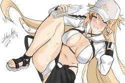 Rule 34 | 1girl, absurdres, artoria caster (fate), artoria caster (swimsuit) (fate), artoria caster (swimsuit) (first ascension) (fate), artoria pendragon (fate), asymmetrical clothes, asymmetrical pants, baseball cap, bikini, black footwear, black pants, blonde hair, bottle, breasts, breasts apart, criss-cross halter, dutch angle, fate/grand order, fate (series), green eyes, halterneck, hat, highres, holding, holding bottle, jacket, large breasts, long hair, looking at viewer, navel, pants, parted lips, sandals, scratching cheek, shiki (love-saber), shrug (clothing), single bare leg, single pantsleg, smile, solo, swimsuit, twintails, white background, white bikini, white hat, white jacket, white wristband