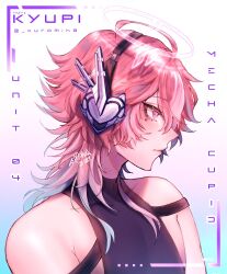 Rule 34 | 1boy, black shirt, blue hair, closed mouth, cosplay, expressionless, facing to the side, halo, headphones, highres, kyupi (mih0), light blue hair, light purple hair, looking ahead, male focus, medium hair, mih0, multicolored hair, original, pink eyes, pink hair, shirt, signature, solo