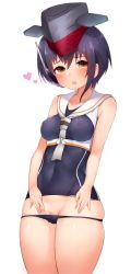 Rule 34 | 10s, 1girl, absurdres, asymmetrical hair, bad id, bad nicoseiga id, bare shoulders, black hair, blush, boruhis, brown eyes, collarbone, covered erect nipples, covered navel, cowboy shot, framed breasts, hair between eyes, highres, i-13 (kancolle), kantai collection, looking at viewer, one-piece swimsuit, partially visible vulva, pussy, school swimsuit, school uniform, serafuku, short hair, skindentation, swimsuit, thighs, tsurime